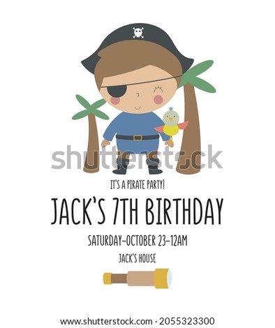 Pirate Party Invitation Card Template, Birthday Party in Pirate Style Celebration, Greeting Card, Flyer Cartoon Vector. Kids illustration with charming pirate. Illustration in a flat cartoon style.