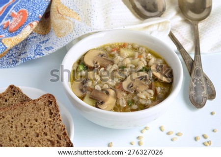 Barley soup with mushrooms and vegetables