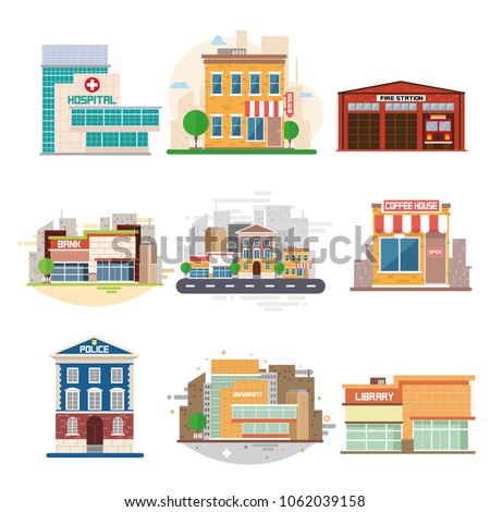 city buildings. fire station, hospital, police, café, university, library. flat design. vector Stockfoto © 