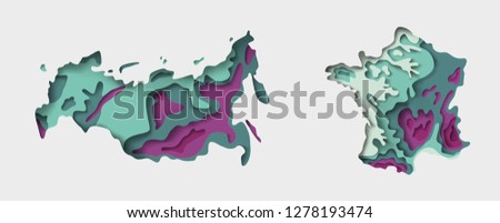 
Map of France and Russia. Imitation of the texture paper cut, origami. geographical features, plain and mountains. vector