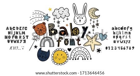 Alphabet, childrens cute alphabet, uppercase, superscript, numbers and punctuation. To create a fashionable and stylish product design for children