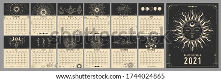 Magic calendar 2021. Mystical sun and phases of the moon. Astrology and horoscope, zodiac signs. for print. Vector graphics
