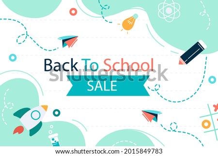 Back to school background. Welcome kids template. Education banner, poster design. Student art. Study day concept. School, preschool supplies items. Discounts on september 1st. Vector illustration. Сток-фото © 