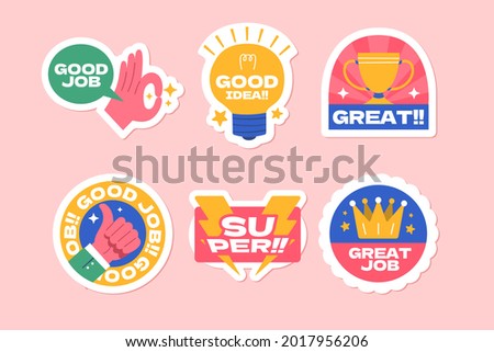 Job and great job stickers logo. School reward, encouragement sign, stamp. Student icon. Success, congrats, excellent work label. Awesome homework, well done. Educational kids design. Vector art. 