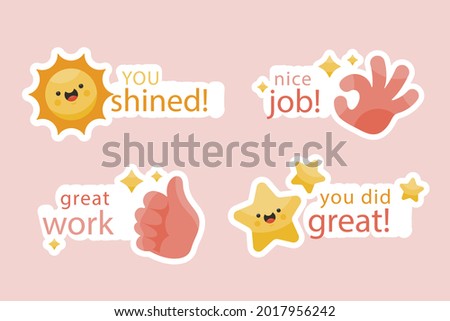 Job and great job stickers logo. School reward, encouragement sign, stamp. Student icon. Success, congrats, excellent work label. Awesome homework, well done. Educational kids design. Vector art. 