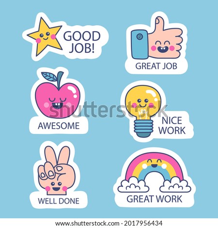 Job and great job stickers logo. School reward, encouragement sign, stamp. Student icon. Success, congrats, excellent work label. Awesome homework, well done. Educational kids design. Vector art. 