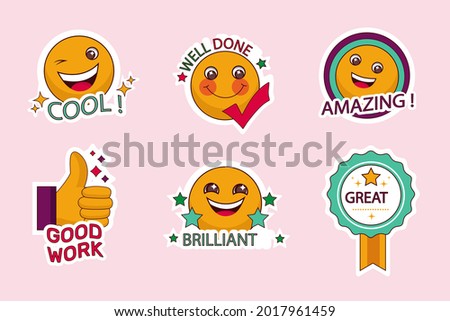 Job and great job stickers logo. School reward, encouragement sign, stamp. Student icon. Success, congrats, excellent work label. Awesome homework, well done. Educational kids design. Vector art.  商業照片 © 
