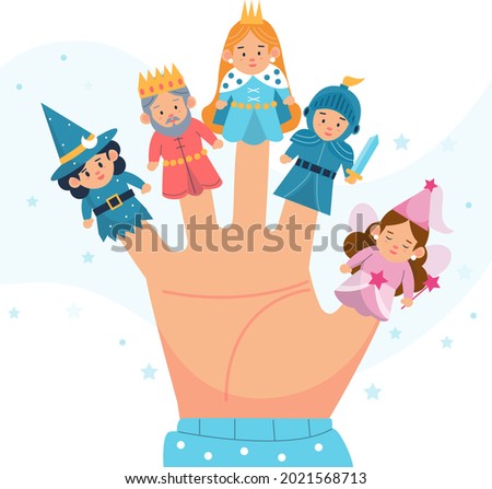 Finger puppets. Baby theatre, show story, fairy tale. Hand toy character party. Family fun. Cute little finger puppet. Childhood time. Finger theater game. Funny puppets template. Vector illustration.