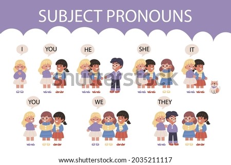 English subject pronouns. Preschool, kindergarten, school elementary education. Language learning. Speech exercise. Pronoun lesson. English training. Study Homework. Vector illustration.