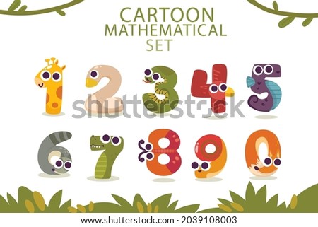 Mathematical symbols. Child comic numbers. Kids funny math characters. Preschool, school mathematics education. Cute numbers. Learning mathematical symbols cartoon elements set. Vector illustration