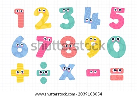 Mathematical symbols. Child comic numbers. Kids funny math characters. Preschool, school mathematics education. Cute numbers. Learning mathematical symbols cartoon elements set. Vector illustration