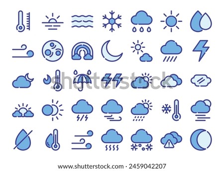 Weather blue - color outline icons set. The collection includes in business, UI UX, social media and website.