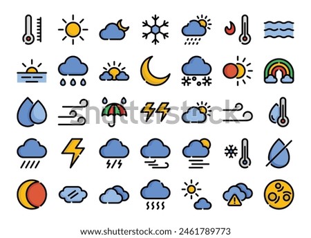 Weather filled outline icons set. The collection includes in business, UI UX, social media and website.