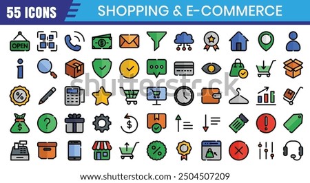 E-Commerce icons set. Online shopping filled outline icon collection. Editable stroke. Vector illustration