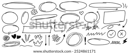 Set of pen line doodle element vector. Hand drawn doodle style collection of arrows, circle ,bubble chat and wavy collections.Vector illustration