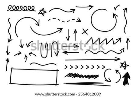 Hand drawing doodle style collection of arrows, circles and shape collection.Vector illustration