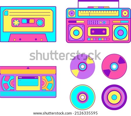 set of technology from the 90s, cassette, CDs, VHS tapes, and boom boxes. collection of various vintage audio tapes on white background. retro vector illustration EPS 10 editable