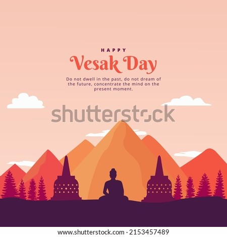 Vesak Day with Buddha Silhouette, temples, trees, mountains vector illustration. Selamat hari Waisak Background Template