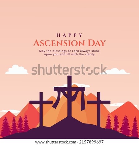 Happy Ascension Day with Cross, Trees, Mountains Vector Illustration. Selamat Hari Kenaikan Isa Almasih Foto stock © 