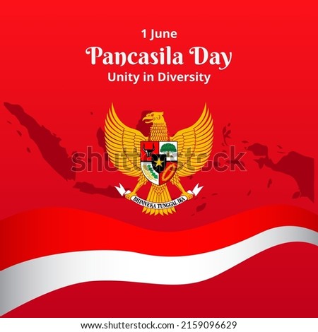 Pancasila Day 1 June, Unity in Diversity. Indonesian Ideology with Symbol Bird Garuda, Indonesian Island, and Flag Red White. Vector Illustration National Patriot background