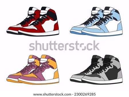 Pair of Sneaker Shoes Collection isolated on white background.  Sneakers for training, running, and basketball. Vector Illustration