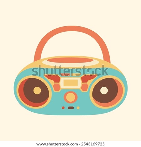 Retro boombox vector illustration in vibrant colors, featuring a playful design with rounded speakers and buttons. Perfect for vintage, music, or retro-themed projects.