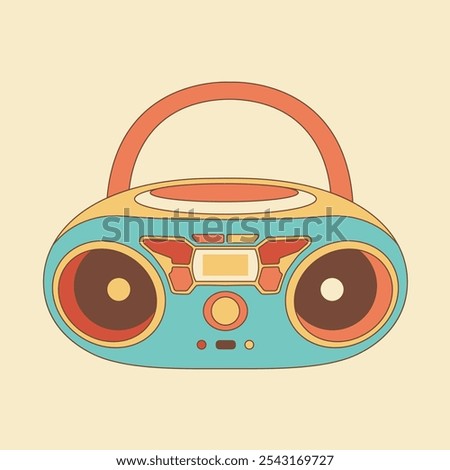 Retro boombox vector illustration with outline and vibrant colors, featuring a playful design with rounded speakers and buttons. Perfect for vintage, music, or retro-themed projects.