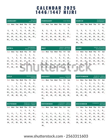 2025 Gregoria Calendar, Hijri 1446 1447 Calendar Template Vector Illustration. Clear layout with Islamic months and key dates highlighted. Perfect for personal, office, or digital use.