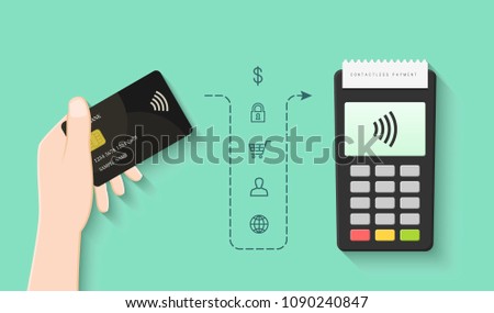 Contactless payment concept with hand holding card and POS terminal in flat design