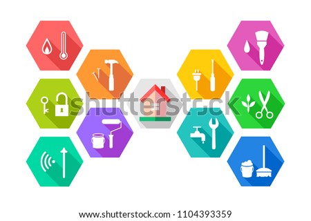 Facility management concept with house and related working tools in colorful flat design. Icon set in hexagon shape. Stockfoto © 