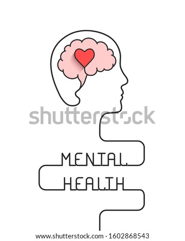 Human head and brain with heart outline as mental health, emotional well being and awareness concept