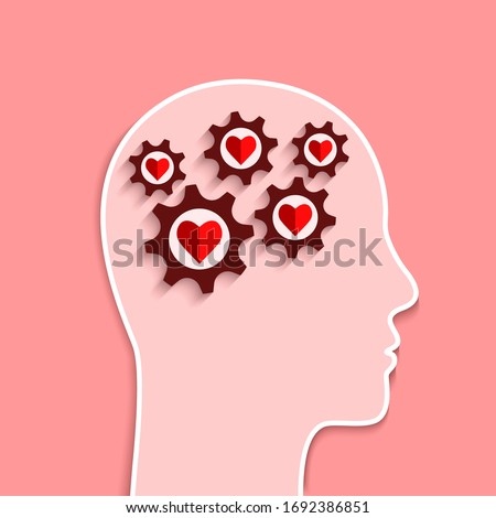 Mental health and emotional well-being concept. Human head and gears with heart shapes inside as brain and mind symbol.