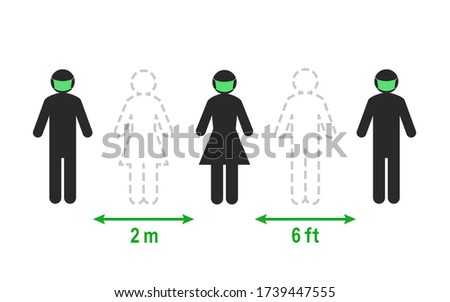 Social and physical distancing concept. People keeping a 2 meter or 6 feet distance instead of standing close to each other.