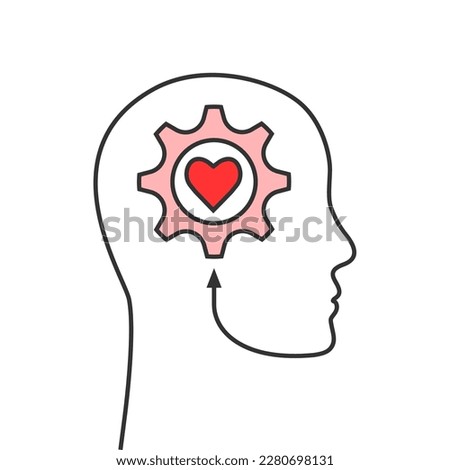 Head outline with gear and heart shape as mental health, mental well-being and wellness, inspiration, personal growth, self development or emotional intelligence concept. Abstract vector illustration.