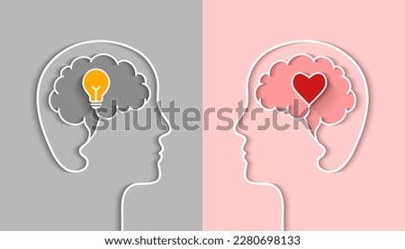 IQ and EQ concept with head silhouette, profile outline, brain, light bulb and heart shape as conceptual symbol. Emotional and intelligence quotient or right and left brain and cerebral hemispheres.