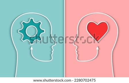 Comparison of IQ and EQ or right and left brain, cerebral hemispheres concept. Head silhouette of a person, gear and heart shape symbol. Emotional versus intelligence quotient, human mind, thinking.