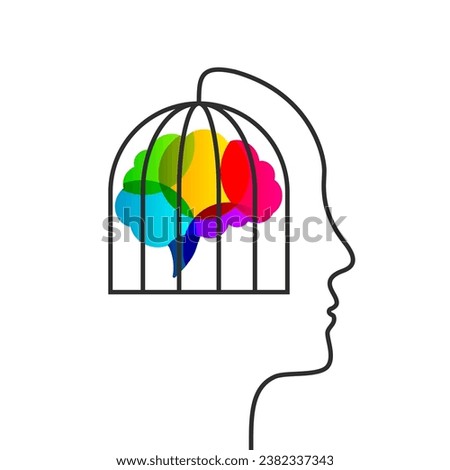 Human head and cage concept with colorful brain as creative thinking and block, untapped personal potential or obstruction of individual talent symbol