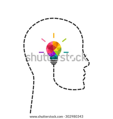 Creative thinking and learning concept with colorful lightbulb and human profile line. Vector eps10 illustration.