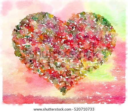 Digital watercolor painting of a heart in a variety of colors including red and green. Space for text.