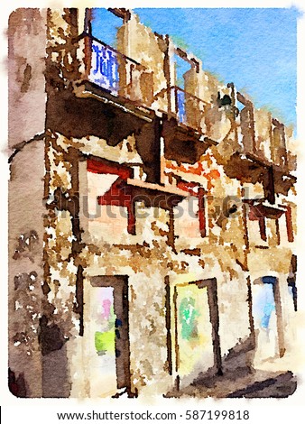 Digital watercolor painting of a derelict building in lisbon with balconies and missing doors. With space for text.