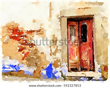 Digital watercolor painting of a red derelict double front door with a brick and plastered wall that is peeling and falling apart in Lisbon, Portugal. With wall space for text.