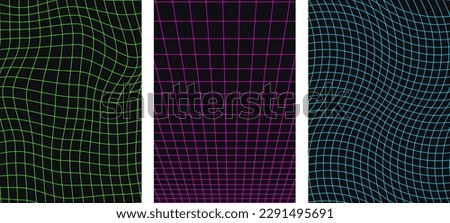 Distorted neon grid pattern. Abstract glitch background. Collection set. Retrowave, synthwave, rave, vaporwave. Blue, green, pink-purple colors. Fashionable retro style of the 1980s, 90s. Print, poste