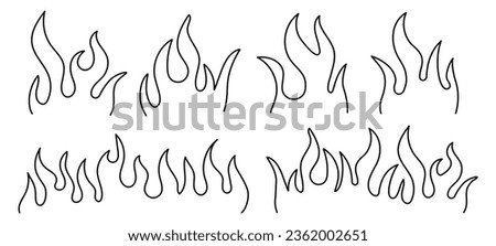 Retro vector set of Y2K Burning fire. Vector set of minimal linear illustrations - trendy abstract aesthetic tongues of flame, minimal tattoo compositions, prints and graphic design elements.