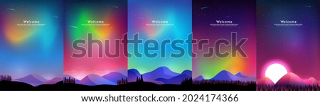 Vector illustration. Landscapes set. Flat cartoon concept. Abstract gradient landscape. Covers, posters, brochures, design. Flat illustration on light backdrop. Adventure concept. 