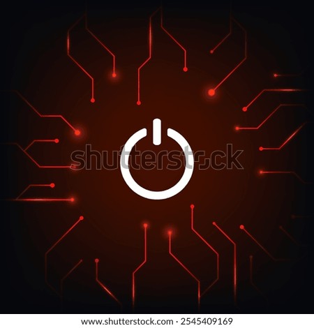 Digital dark backdrop with red light. Power off button design. Technology connect lines. Vector illustration.