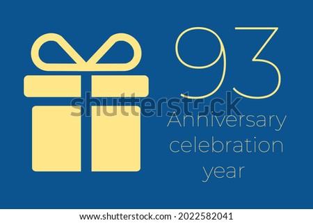 93 logo. 93 years anniversary celebration text. 93 logo on blue background. Illustration with yellow gift icon. Anniversary banner design. Minimalistic greeting card.  ninety-three  postcard