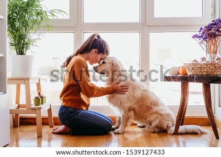 Similar – Image, Stock Photo beautiful woman hugging her golden retriever dog in lavender fields at sunset. Pets outdoors and lifestyle.