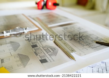 Similar – Foto Bild Baupläne, Gehörschutz, Schutzbrille und Werkzeuge am Arbeitsplatz des Architekten auf der Baustelle