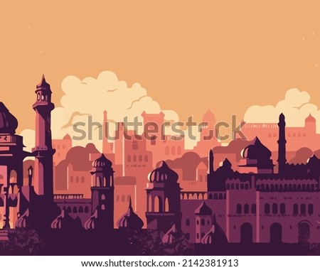 Vector Illustration of Ayodhya, Lucknow, India Skyline. Sharyu River Ayodhya City Ramjamn Bhumi God Ram Birth Place