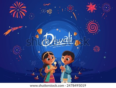 Happy Diwali Celebration Background With Cute Girl And Boy Holding Sparkle Sticks, Lit Oil Lamp (Diya).